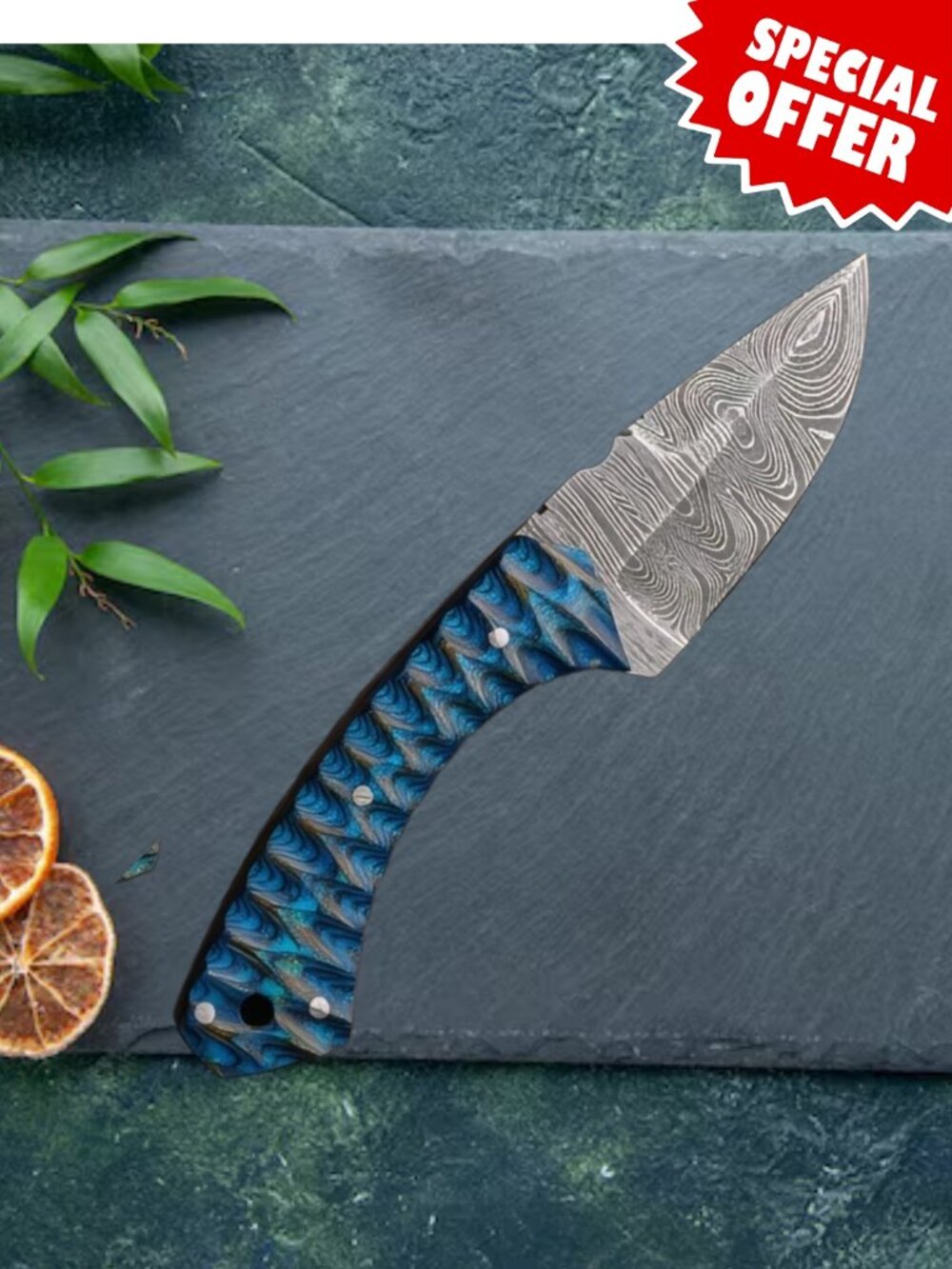 Premium Damascus Kitchen Chef Knife - Artistic Ocean Blue Wave Handle & Sheath